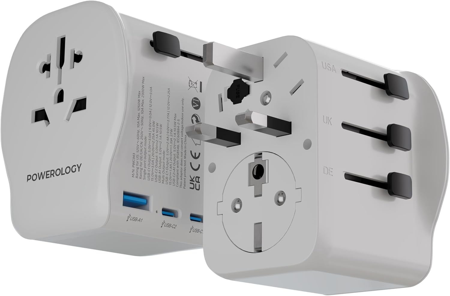 Powerology 2300W Universal Travel Adapter, GaN Technology, Dual USB-C & USB-A Outputs, 45W PD, Earth Grounding Protection, Compatible with iPhone 16/15/14/13/12, Samsung S25/S24
