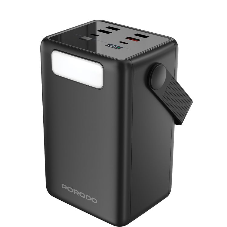 Porodo Lara 80000mAh Power Bank with Flashlight, Portable Handle, PD 20W, Fast Charging, ×2 USB-A & USB-C & Micro Ports, 4 Integrated Cables, Universal Compatibility - Black