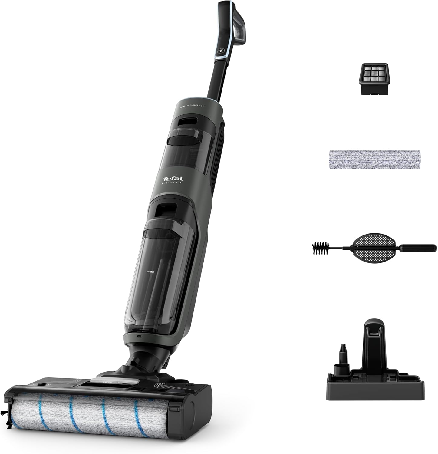 Tefal X-CLEAN 4 Cordless Wet & Dry Vacuum Mop – Hard Floor Cleaner with Self-Cleaning, Smart Sensor, Self-Propelled Brush-Roll, 50 Min Battery, Lightweight Design, Grey GF5035M0