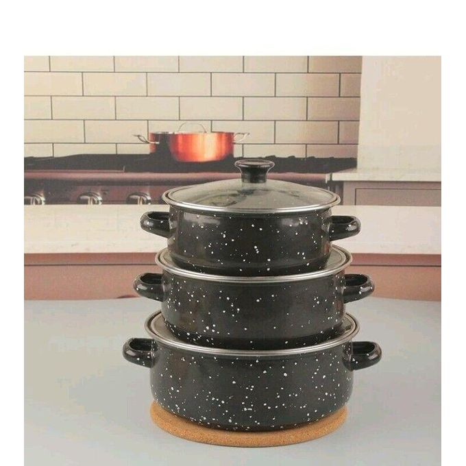 Set Of 3 Enamel Casserole Sartin Cookware Pots Serving Dishes With Lids Saucepans