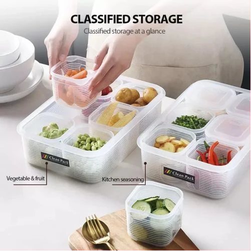 Plastic Food Storage Container With 6 Removable Tins Fridge Organizer -White