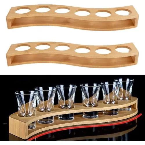 Shot Glass Tray Wooden Bamboo Holder Vintage Liquor Cup Rack Shot Glass Display Bar Accessories Beer Gifts Drinking Whisky Brandy Vodka Rum and Tequila Shot Set S-typed 6 Hole Glass Holder Stand- Mult