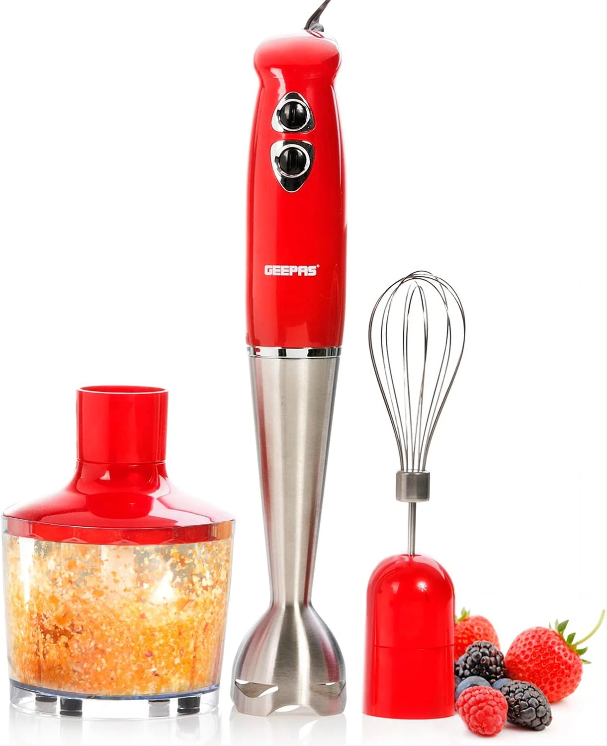 Geepas GHB6136 3-in-1 Multi-Function Hand Blender 860ml, 400W - Red