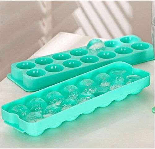 2 Piece, 14 Grid Round Ice Cube Tray Mould Ice Ball Maker-Green