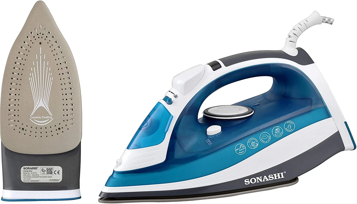 Sonashi Steam Iron, 2400W SI-5075C, With Ceramic Soleplate - Blue/White
