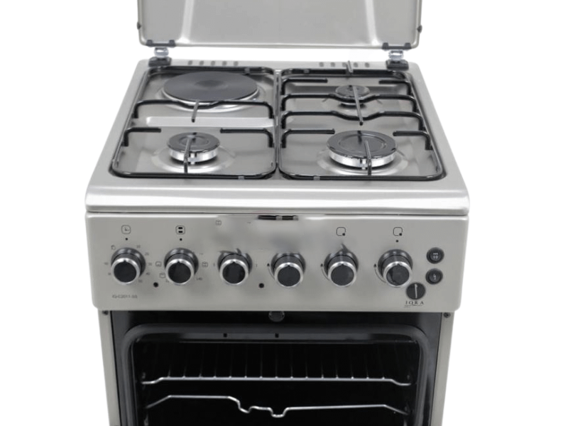 IQRA 50x60cm Cooker IQ-C2011-SS; 3 Gas Burners + 1 Electric Plate With Electric Oven and Grill, Oven Timer, Auto Ignition, Grill & Rotisserie - Stainless Steel