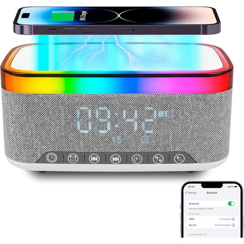 Music Player Led 15w Wireless Charger Wireless Charging Lamp, Multifunctional RGB Night Light, Wireless Charging Station, Bluetooth Speaker With Radio Tf Aux Audio Smart Desktop Fabric Digital Alarm C