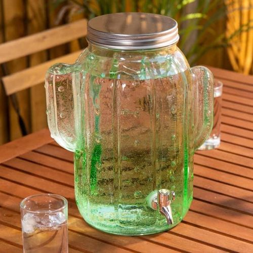 8L Glass Cactus Ice Cold Beverage Drink Dispenser Glass With Airtight Lid Water Jar With Mettalic Handle And Easy Flow Spigot Wide Mouth Easy Filling For Outdoor, Parties & Daily