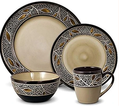16 Piece Leaf Design Plates, Cups, Bowls Dinner Set - Cream