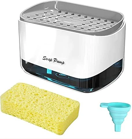 2-in-1 Countertop Dish Washing Liquid Soap Dispenser Pump With Sponge Holder Hand Sink Caddy Organiser Tidy - White