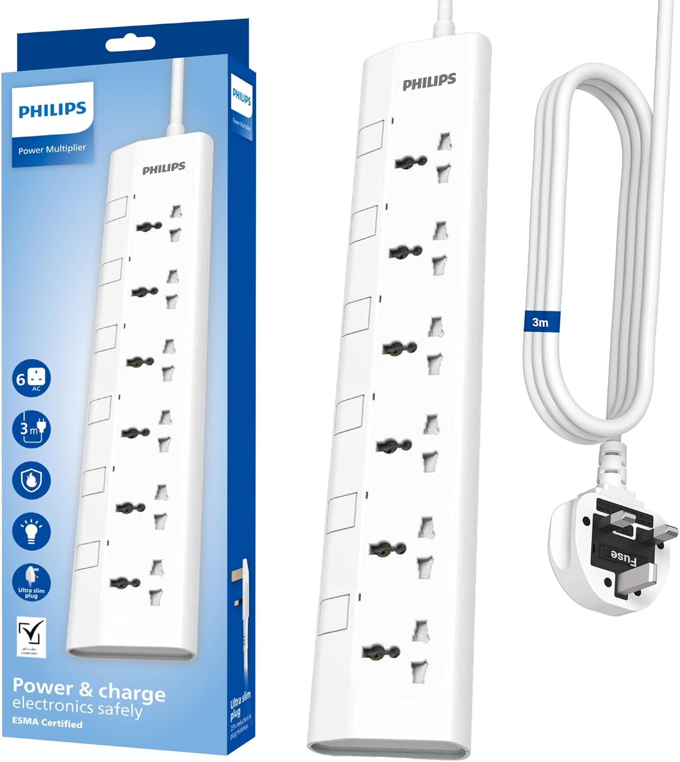 Philips
6-Way Universal Power Extension Cord with Individual Switches,( 1.5m) Heavy-Duty 3x1mm² Cable, 2500W Overload & 750°C Fire-Resistant Protection, 10A Fuse, ESMA Certified Safety Standard, UK Pl