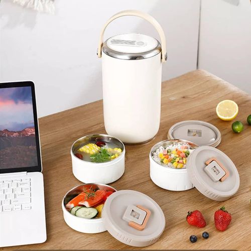 2.6L Portable Stainless Steel Vacuum Insulated Food Jar With Handle 3 Tier Stackable Bento Lunch Box With Multiple Compartments Leak-Proof Thermal Food Flask Container For Work Picnic