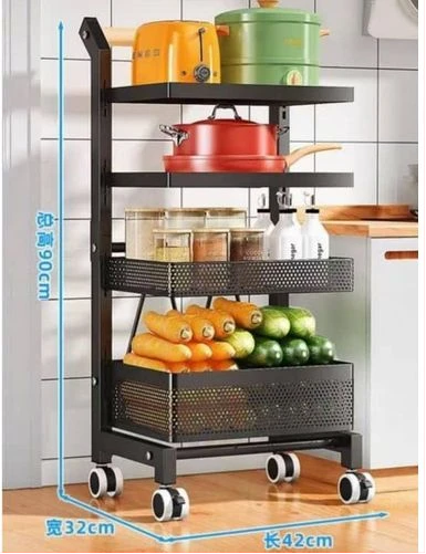 4 Layer Kitchen Storage Trolley Fruit Vegetable Rack Wire Pantry Basket Rolling Cart, Locking Wheel With Handle- Black