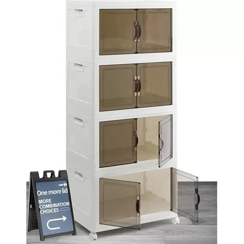 4 Tier Collapsible Plastic Stackable Storage Bins with Lids, Wardrobe Closet Organizer, Stackable Storage Bins, Foldable Plastic Storage Container Cabinet with Comfortable Handle PP PET 4 Wheels With 