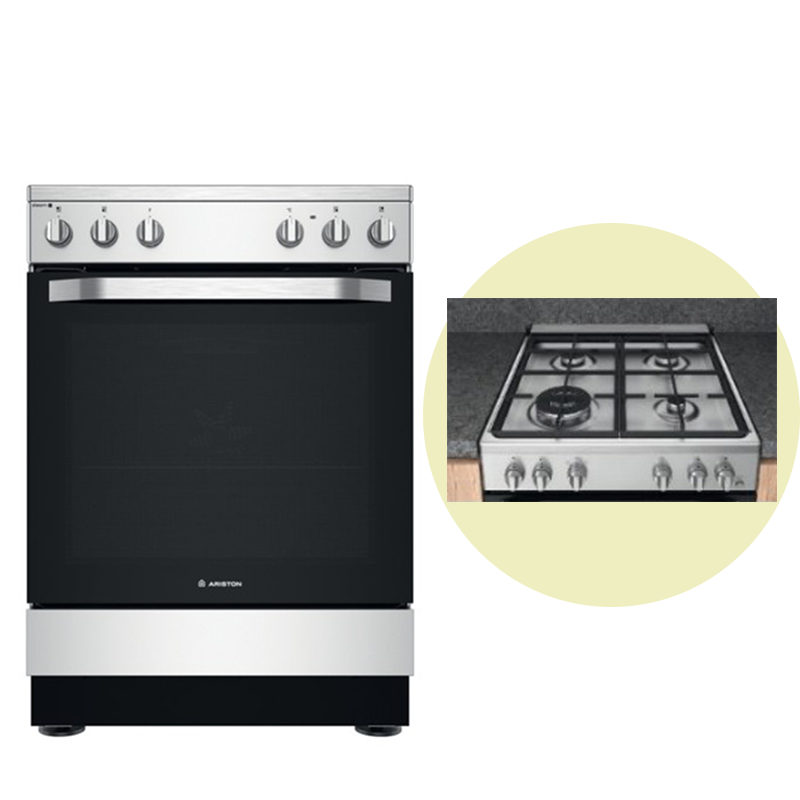 Indesit Full Gas Cooker 60x60cm IS67G1PCX, 4 Gas Burners, Gas Oven & Grill, Rotisserie, Minute Minder, Enamel Pan Supports - Inox