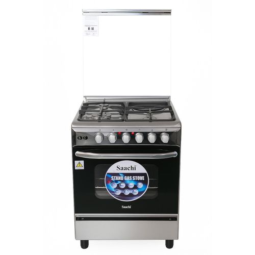 Saachi Cooker 3 Gas Burners + 1 Electric Plate 60x60cm NL-6365HPE, Electric Oven & Grill, Rotisserie, Cast Iron Pan Supports - Silver