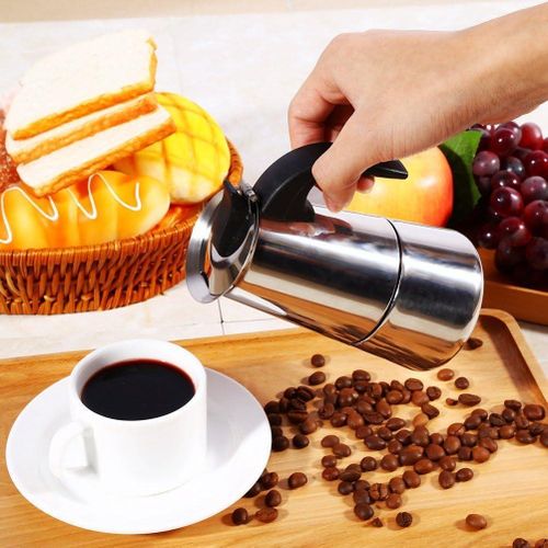 6 Cups Moka Pot Large Capacity Stainless Steel 304 Moka Pot Coffee Maker Stovetop Espresso Maker Coffee 450ML- Siliver