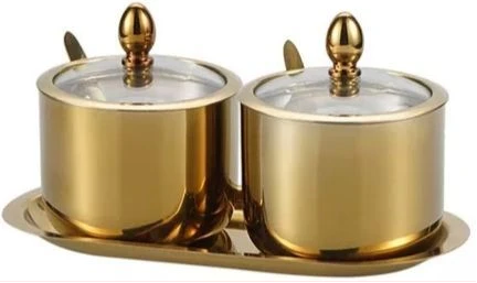 2 Pc Seasoning Containers Spice Jar Rack Condiment Salt Pepper Sugar Storage Organizers With Serving Spoons - Gold.