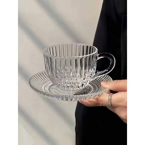 6 Pieces Of Clear Ribbed Glass Tea Cups And Saucers Sets Coffee Mugs High Temperature Resistance Tea Cup Gift