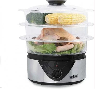 Sanford 3 Layer 8L Electric Food Cooking Steamer Pot With Display, Timer Fuction- Clear.
