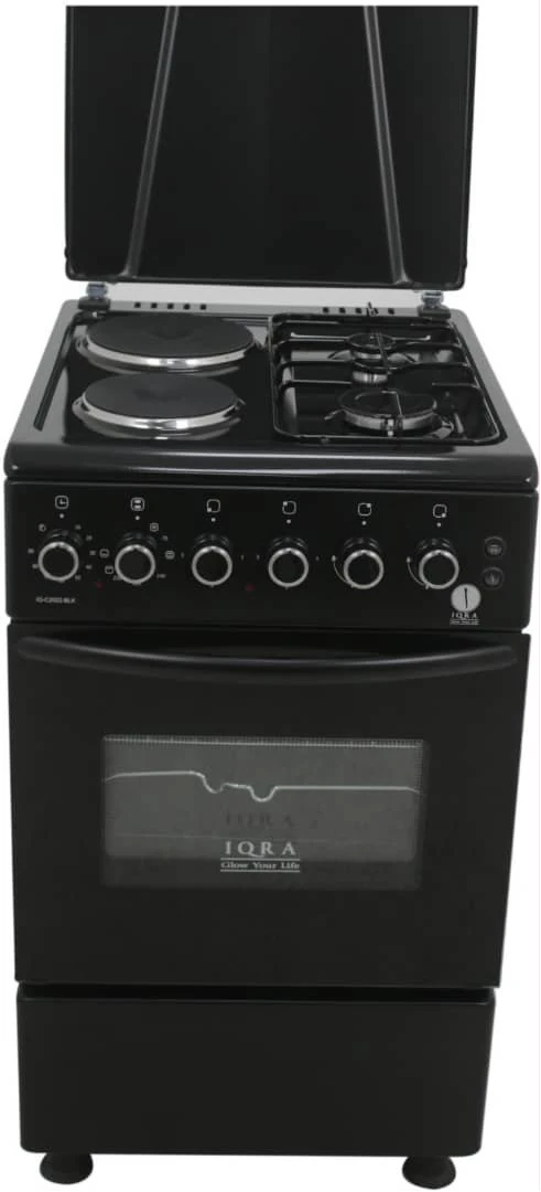 IQRA Cooker 50x60cm, IQ-C2022-BLK; 2-Gas + 2-Electric Cooker, Auto Ignition, With Electric Oven, Grill & Rotisserie - Black