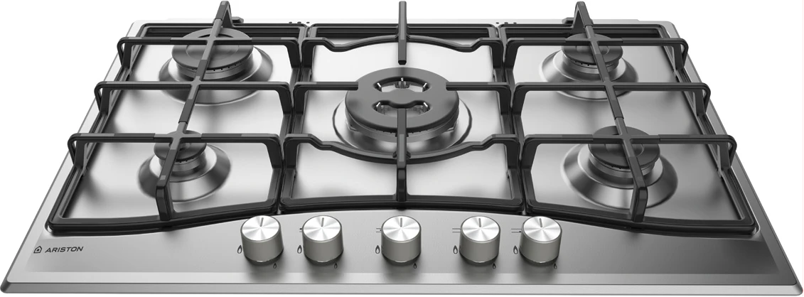 Ariston 75cm 5-Gas Burners Built-in Gas Hob PCN 751 T/IX/A; Gas Cooker, Auto Ignition, Safety Device For Flame Failure Protection, Cast Iron Pan Supports - Stainless Steel