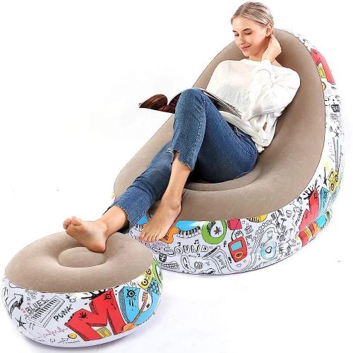 Lazy Sofa, Inflatable Sofa, Family Inflatable Lounge Chair, Graffiti Pattern Flocking Sofa, with Inflatable Foot Cushion, Suitable for Home Rest or Office Rest, Outdoor Folding Sofa Chair