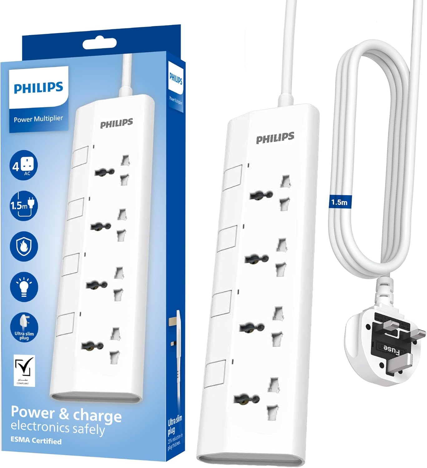 Philips 4-Way Universal Power Extension Cord with Individual Switches, (1.5m) Heavy-Duty 3x1mm² Cable, 2500W Overload & 750°C Fire-Resistant Protection, 10A Fuse, ESMA Certified Safety Standard, UK Pl