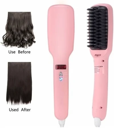 Ionic Hair Straightener Brush Comb 2 in 1 PTC Heating - Pink,Black