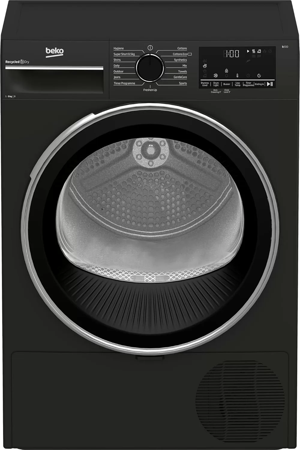 Beko 9kg Condenser Dryer B3T4911DG; 2.3kW/2.5kW, Aquawave Drum, Auto-AntiCreasing, 16 Programs, Manhattan Grey