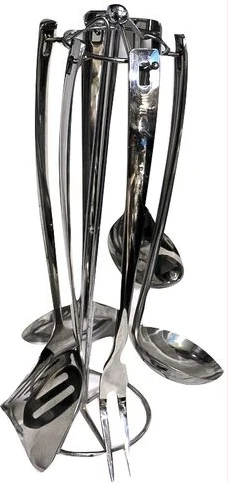 Long Dinner Serving Utensils/Spoons with Stand, 7pcs - Silver