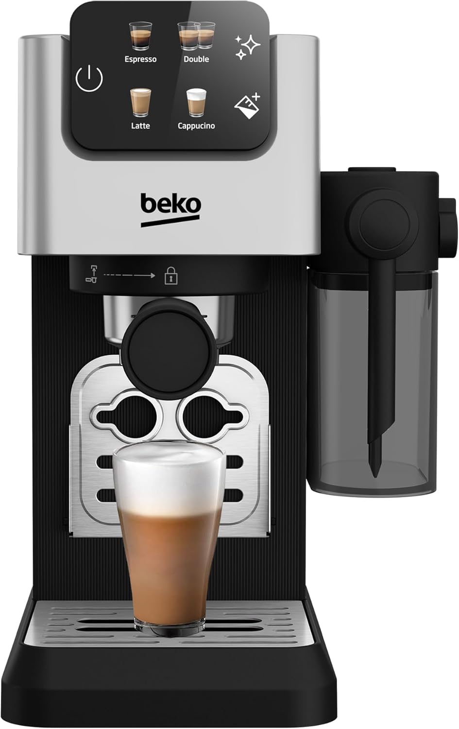 Beko Digital Coffee Machine, Espresso, Cappuccino, Latte Maker, 15 Bar Pressure, 1.1L Water Tank, 300ml Milk Container, LCD Screen, 1628 Watts, Ground Bean Storage CEP5304X - Stainless Steel