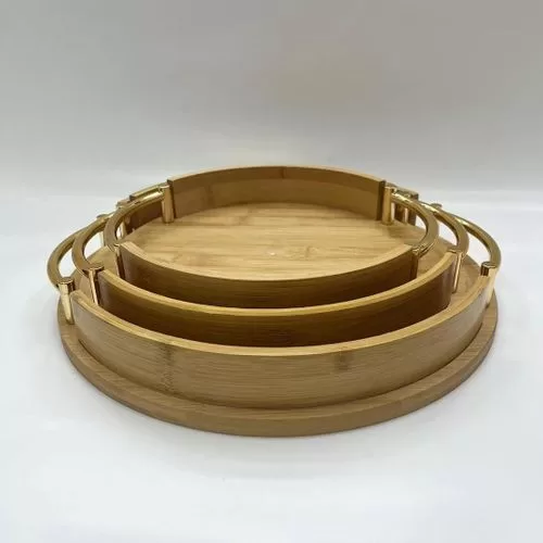 3 Piece Portable Round Fruit Bamboo Serving Tray With Metal Handles Decorative Pastry Snack Platter Wooden Butler Tray Dessert Salad Plates Bread Display For Organizing Bar Breakfast Parties Coffee Ta