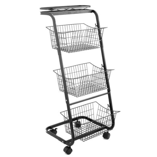 Kitchen Trolley Rotating Shelf Multifunctional Folding Vegetable and Fruit Storage Basket, Black