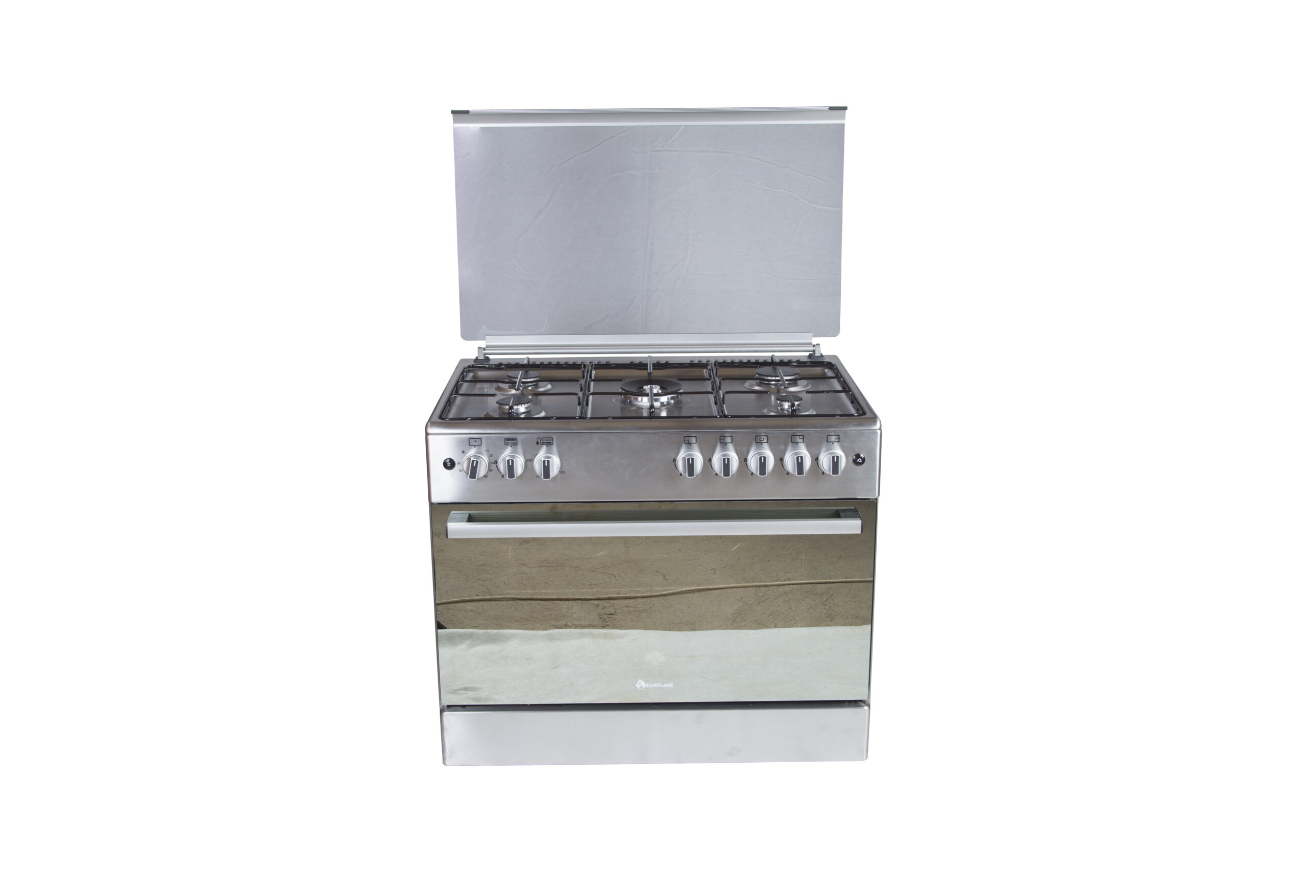 Blueflame 90x60cm Full Gas Cooker ET905GR; 5 Gas Burners, Gas Oven & Grill, Auto Ignition, Rotisserie, Oven Lamp, Timer, Thermostat - Inox