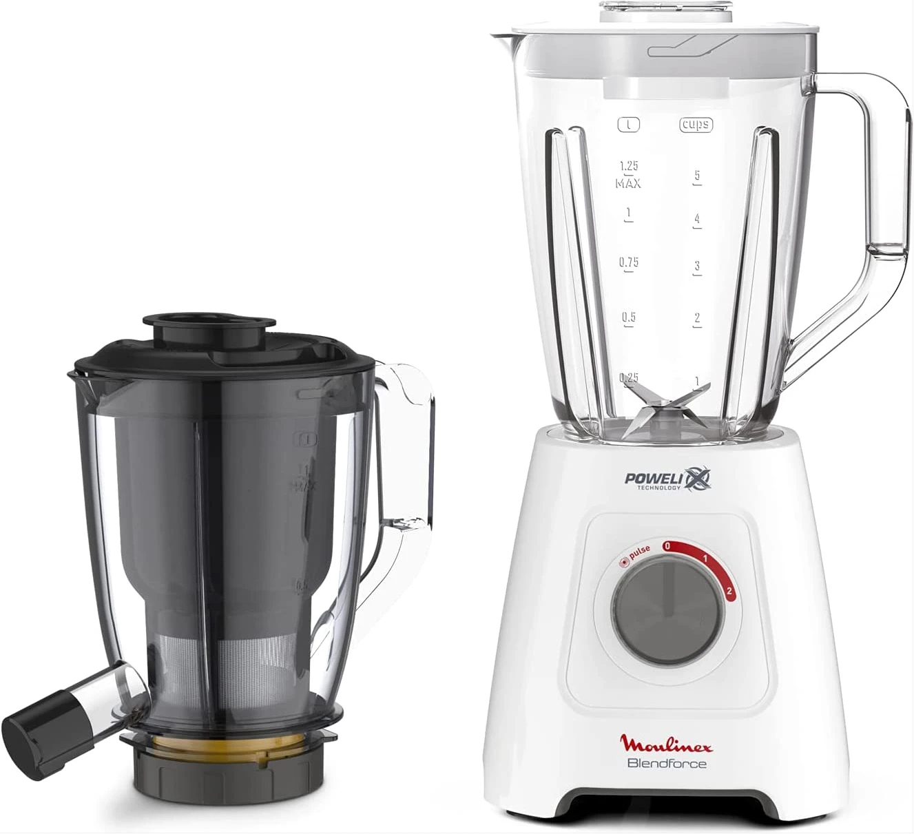Moulinex Blendforce 2 In 1, Blender With Juicer Jar, 600 Watts, White / Black / Clear, Plastic, Lm42Q127
