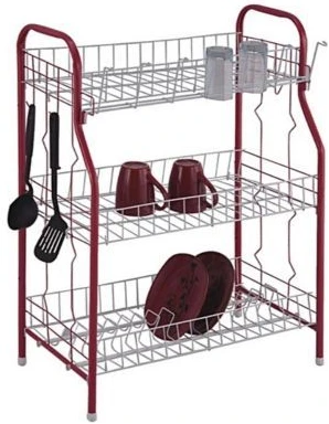 3 Tier Stainless Steel Dish Drainer Storage Rack, Red