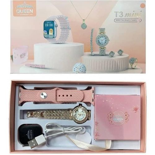 Queen Germany T3 Mini Smart Watch With 2 Pair Strap/5 in 1 Jewelry Analog Watch Wireless Charger Combo For Ladies Compatible with Android and iOS Devices