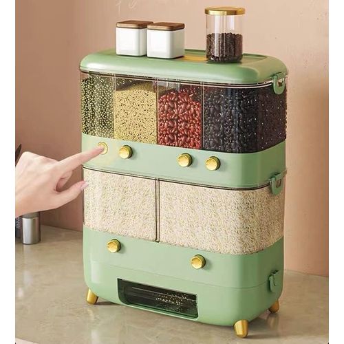 Olpad Rice Dispenser Grain Dispenser 2 Layers Rice Container Kitchen Food Organizer with 4 Small Grids&2 Large Grid for Home Kitchen,Rice Beans Grains Holder(2 Layers rice dispenser - Multicolor