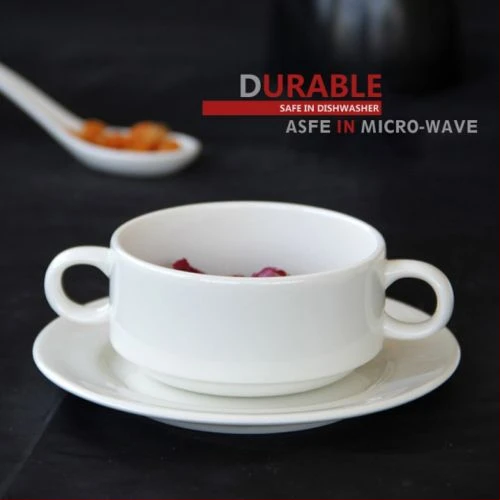 6 Pieces Of Ceramic Soup Cup Bowls With 6 Saucers-White