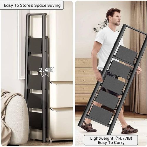 5 Step Ladder, Folding Step Stool, Step Stool With Wide Anti-Slip Pedal, Lightweight, Portable Folding Step Ladder With Handgrip, Multi-use Steel Ladder For Household And Office