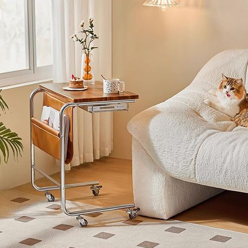 C Shaped Snack Couch Coffe Tables Nightstands Mobile Rolling Table Sofa Side Table Computer Table Book Shelf Bedside Dinner Table Balcony Lounge Table Living Room Furniture with Metal Bracket, Wheels 