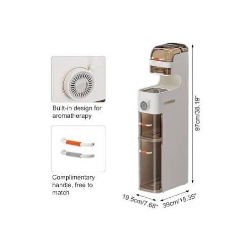 Slim Plastic Waterproof Space-Saving Narrow Bathroom Standing Storage Floor Cabinet 18x37.5x95cm, Modern, 2 Doors, 2 Drawers, Tissue Dispenser, Kitchen, Living Room, Bedroom, Laundry & 1 Flip-Open Cov