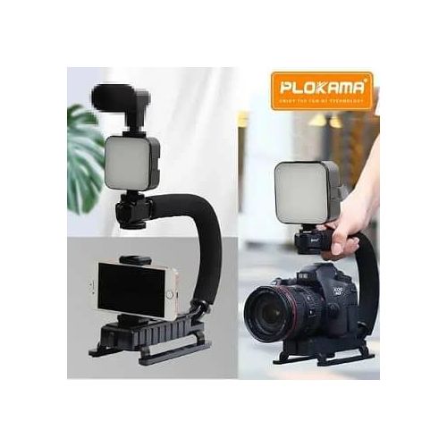 Plokama PK-777 ULC Shape Portable Handheld Bracket Stabilizer Video Making Kit For Both Cameras And Smartphones With Mic With Handle Grip + LED Studio Light + Video Microphone Kit With Cold Shoe Tripo
