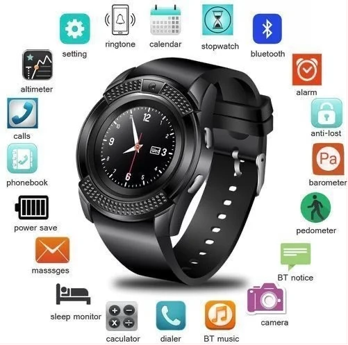V8 Round Screen Bluetooth Smart Watch With Sim Toolkit - Black