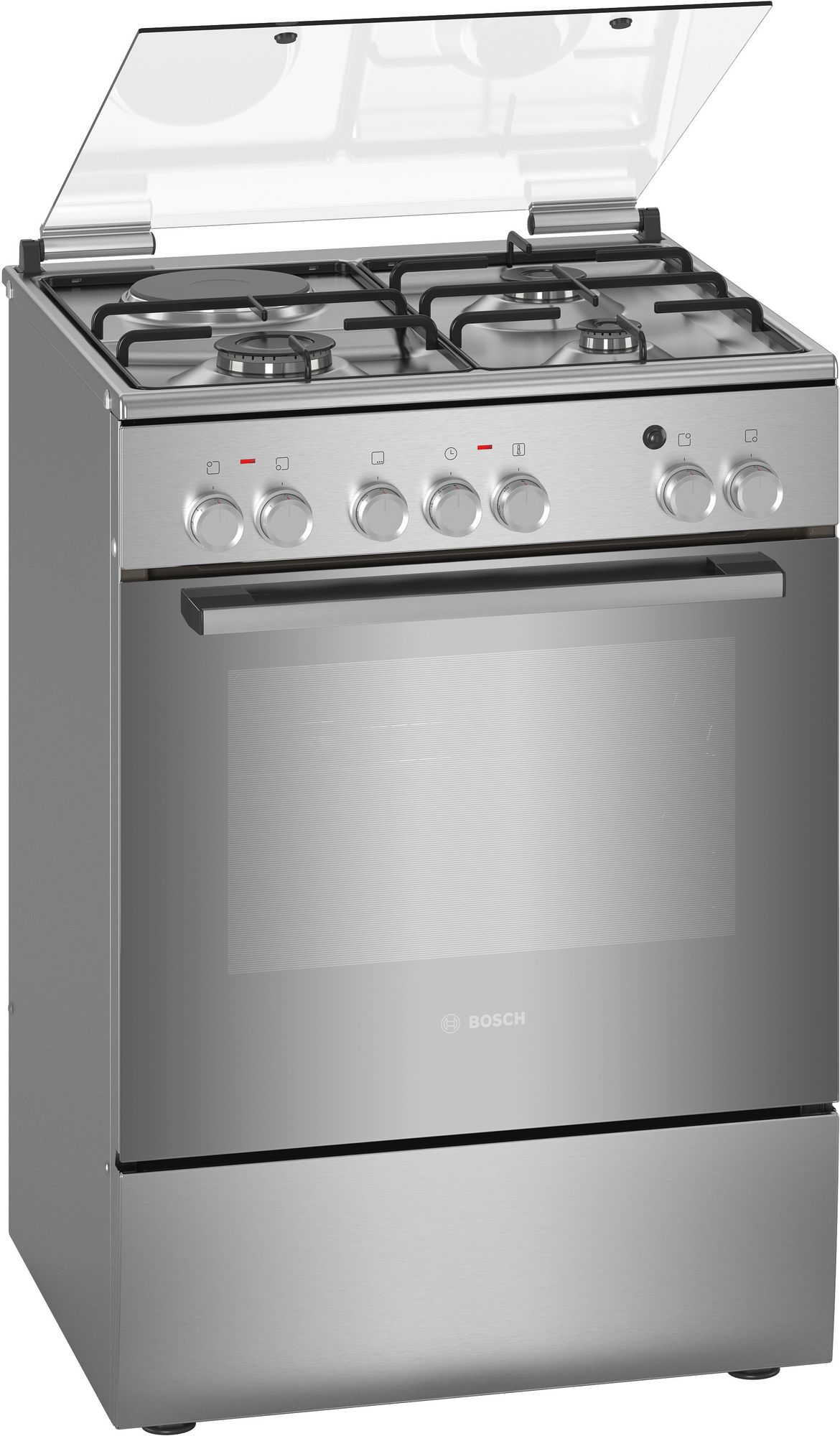 Bosch Cooker 60x60cm 3 Gas Burners + 1 Electric Plate HXA158F50S, Electric Oven & Grill, Rotisserie, Auto Ignition - Stainless Steel