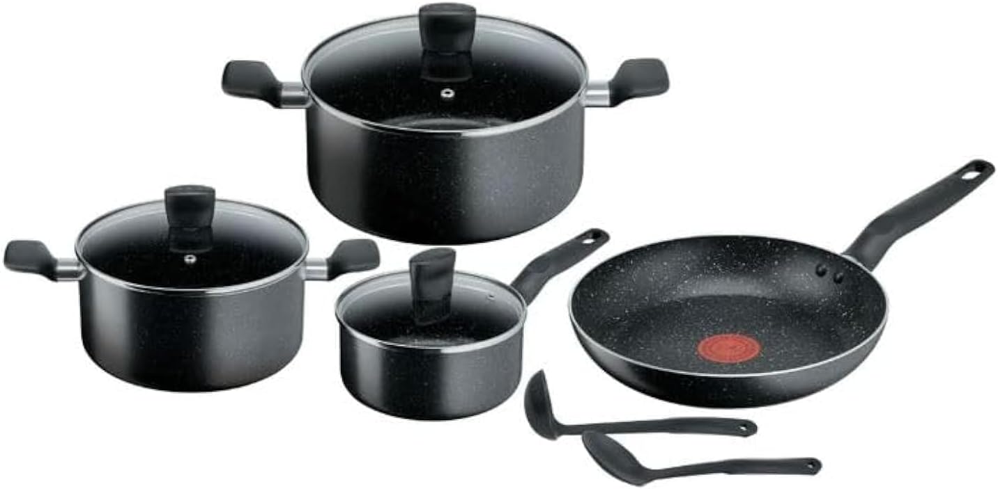 Tefal Dark Stone, 9 Pcs Non-stick Cookware Set, Safe Coating, Heat indicator, Ergonomic Handles, Glass Lid, B491S985