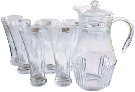 6 Drinking Glasses With A Funnel Shape Plus 1 Glass Jug-Transparent