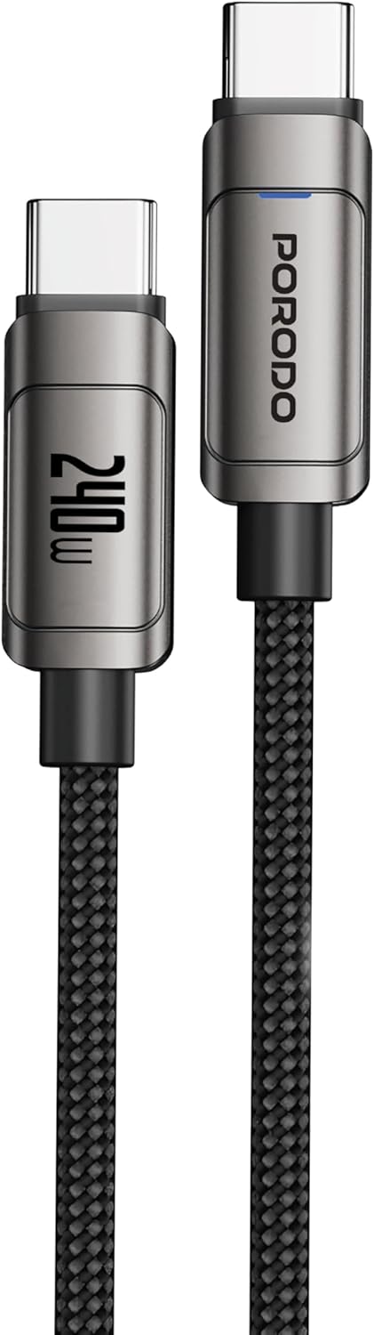Porodo POWERSYNC [PD 240W] Braided USB C To USB C Cable, Fast Charging & High Speed Data Transfer for iPhone 17/16/15, MacBook, Gaming Laptops, iPad, Samsung, Braided Woven Cotton (1m/3.2ft) - Black