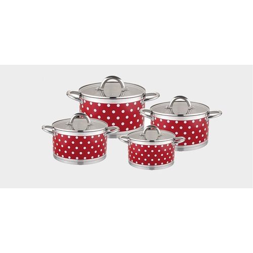 4 Piece Of Stainless Steel Induction Saucepan with Glass Lid and Handles Double Base Pots Red with White Dots Cookware